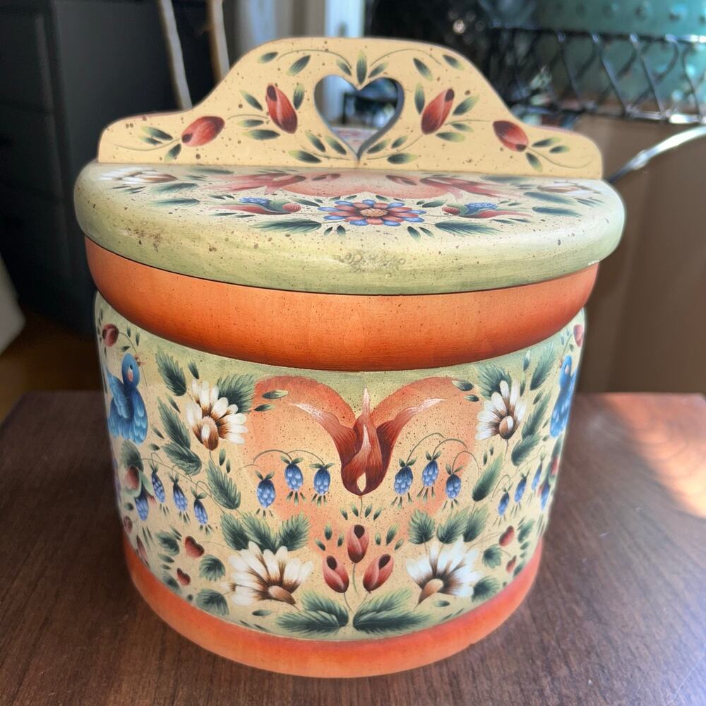 Vintage Norwegian Wood Rosemaling Tine Box Signed Artist Nordic Farmhouse Decor